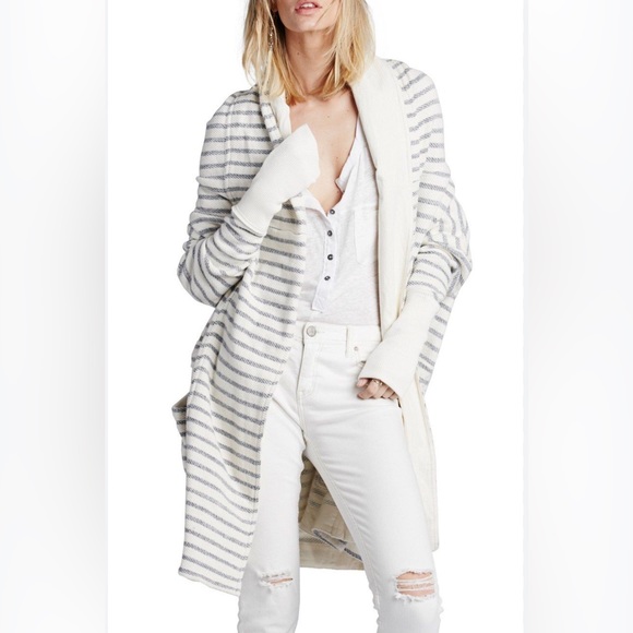 Free People Sweaters - Free People Blue and Cream Striped Long Island Hooded Cardigan Sz M